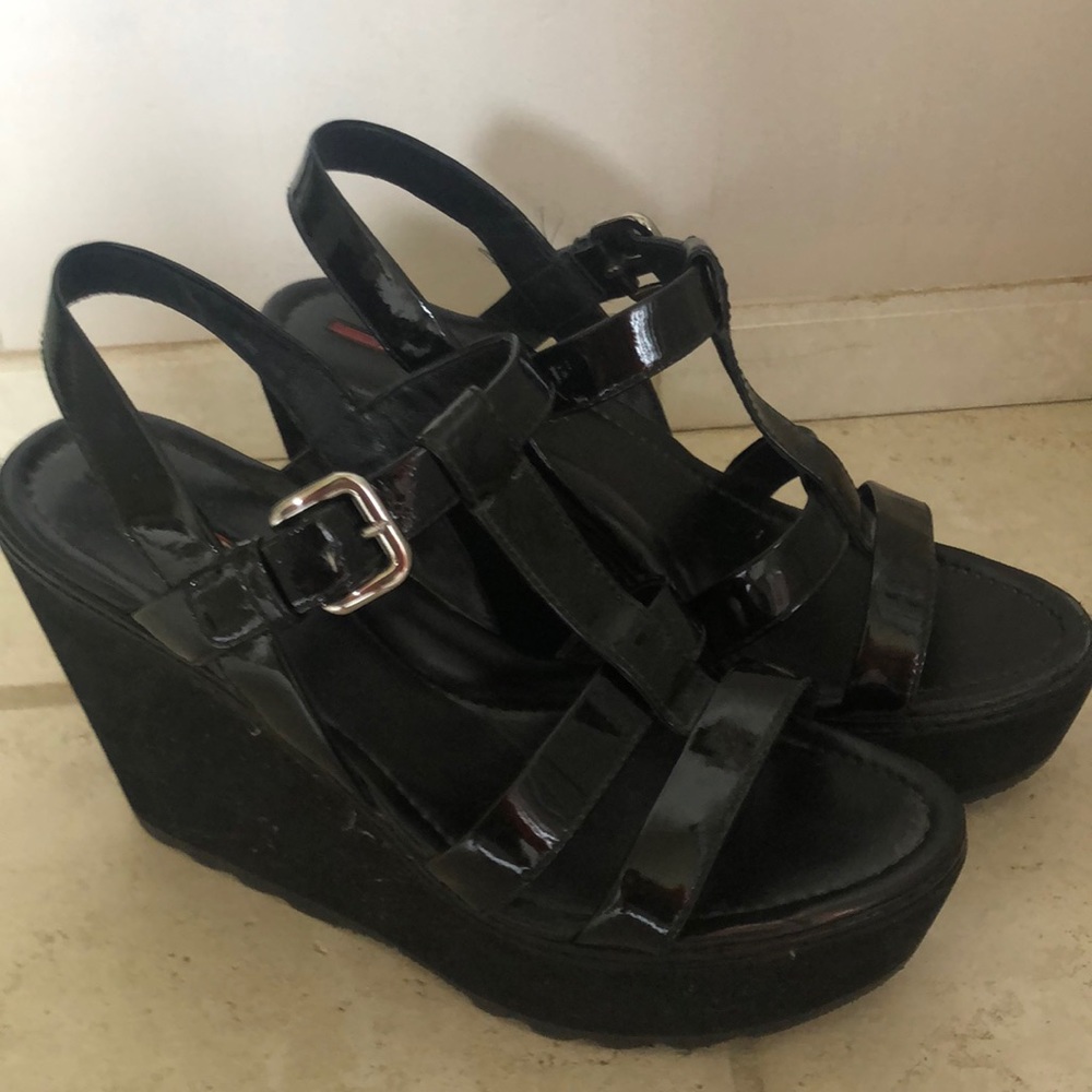 Prada patent leather with foam wedge